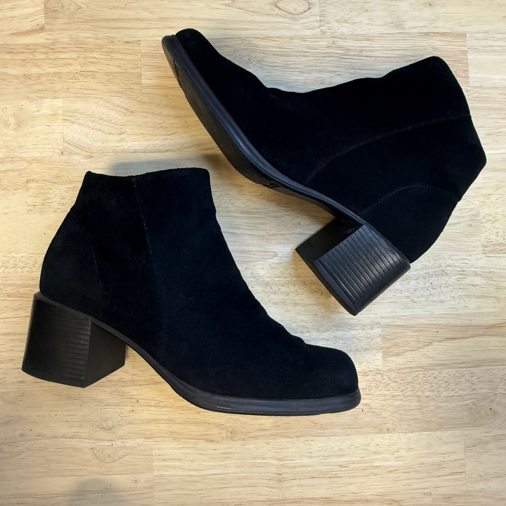 White Mountain Diamond Black Suede Leather Square Toe Block Heel Ankle Boots‎ 7M